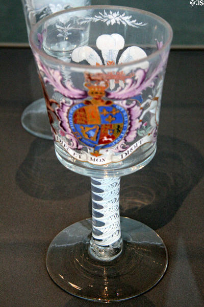 Blown glass goblet with royal arms of George III (c1762) at Toledo Glass Pavilion. Toledo, OH.