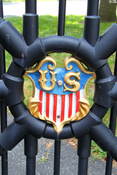 Iron gate given (1928) by the White House with US red, white & blue shield at Hayes Presidential Center. Fremont, OH.