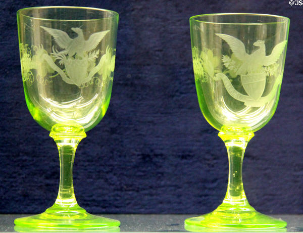 Presidential yellow glass goblets (1870s or prior) engraved with eagle & shield at Rutherford B. Hayes Presidential Center. Fremont, OH.