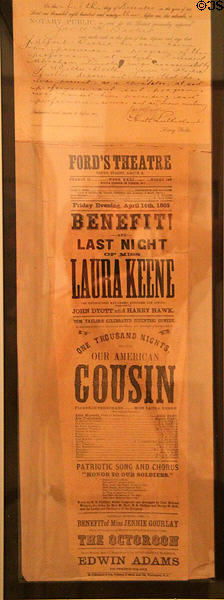Ford's Theatre original poster for Our American Cousin for night (April 14, 1865) Abraham Lincoln assassinated (at Hayes Presidential Center). Fremont, OH.