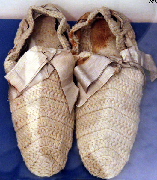 Slippers knitted by Ida Saxton McKinley, wife of President McKinley, for ailing President Hayes (1892) (at Hayes Presidential Center). Fremont, OH.