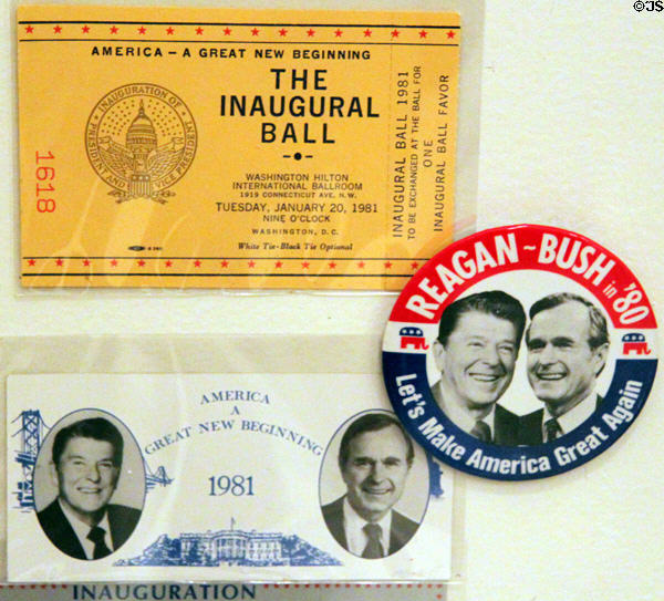 Ronald Reagan - George Bush campaign button & Inauguration tickets (1981) (at Hayes Presidential Center). Fremont, OH.