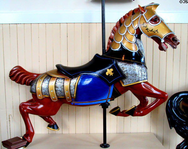 Philadelphia style carousel armored jumper horse (1910) by Philadelphia Toboggan Co. at Merry-Go-Round Museum. Sandusky, OH.