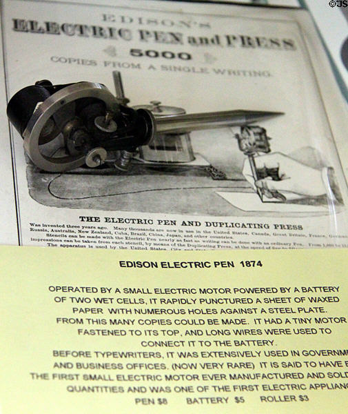 Edison Electric Pen (1874) to make copying stencils at Edison Birthplace Museum. Milan, OH.