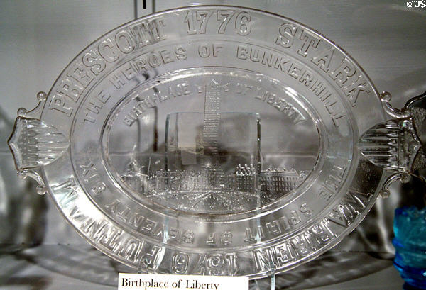 Bunker Hill Birthplace of Liberty pressed glass plate (1876) for Centennial Exhibition at Milan Historical Museum. Milan, OH.