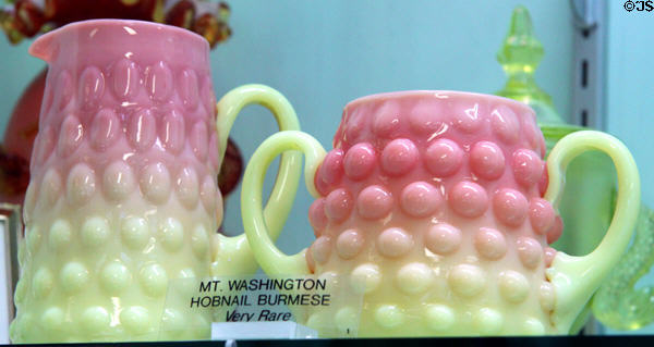 Mount Washington Hobnail Burmese glass crème & sugar bowls at Milan Historical Museum. Milan, OH.