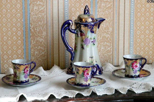 China chocolate set (c1890) probably Bavarian in dining room of Monroe House at Oberlin Heritage Center. Oberlin, OH.