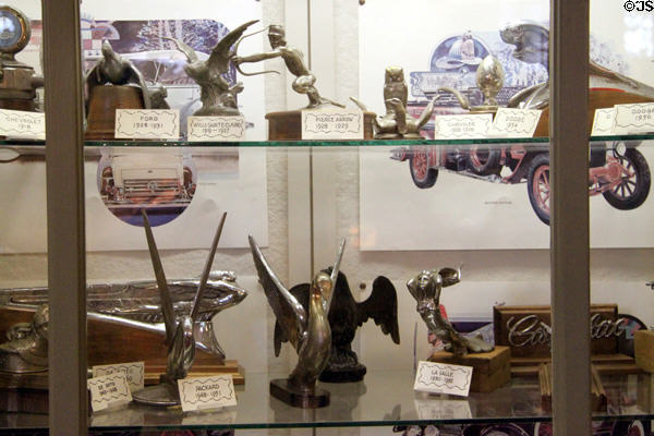 Collection of hood ornaments at Canton Classic Car Museum. Canton, OH.