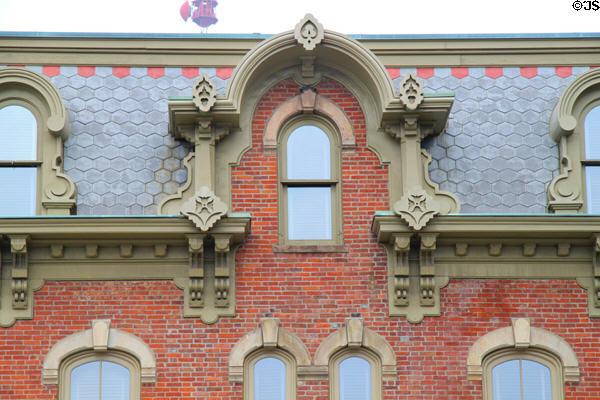 Upper story moldings and mansard roof of Ida Saxton McKinley Historic House. Canton, OH.
