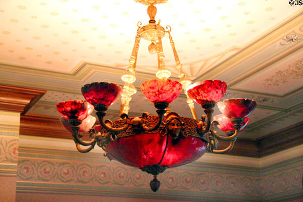 Ruby glass chandelier in parlor at Ida Saxton McKinley Historic House. Canton, OH.