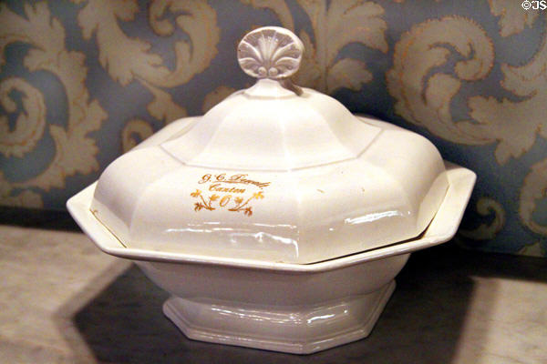 Covered porcelain serving dish inscribed G.C. Denalt, Canton, OH at Ida Saxton McKinley Historic House. Canton, OH.
