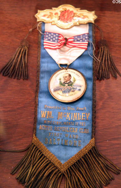 Commemorative ribbon of 1897 inauguration presented to Mrs. McKinley by the Baltimore Republican Club at William McKinley Presidential Museum & Library. Canton, OH.