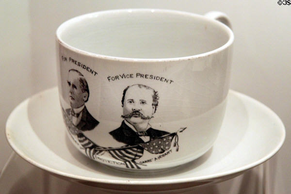 Cup & saucer depicting McKinley & Hobart from first Presidential campaign at William McKinley Presidential Museum & Library. Canton, OH.