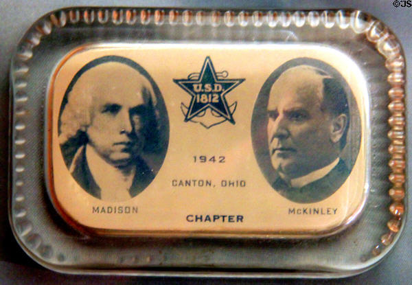 Commemorative tray depicting Presidents Madison & McKinley from Canton at William McKinley Presidential Museum & Library. Canton, OH.