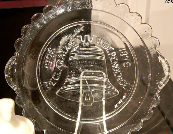 Commemorative pressed glass plate with Liberty Bell (1876) for U.S. Centennial Exhibition at McKinley Presidential Library & Museum. Canton, OH.