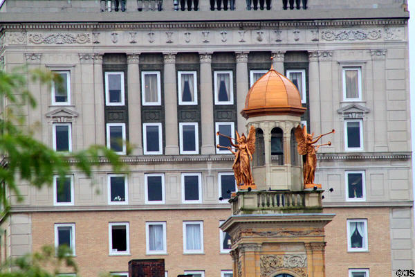 Top of Chase Bank with Stark County Courthouse tower. Canton, OH.