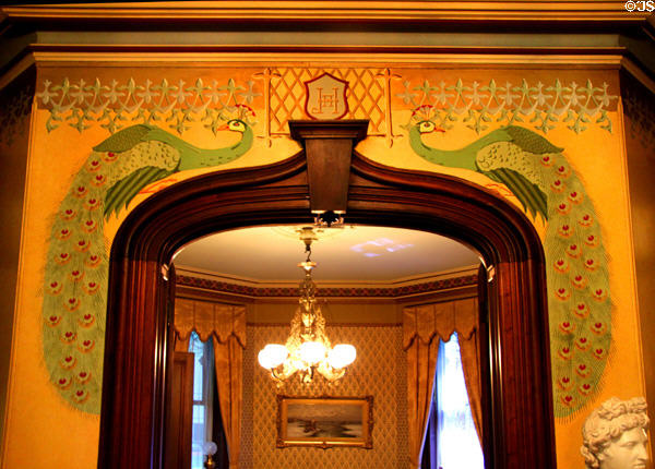Peacock wall paintings in octagonal central hall at Hower House. Akron, OH.
