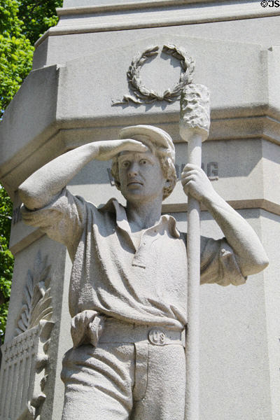 Soldier with cannon swab on Cambridge Civil War Monument. Cambridge, OH.