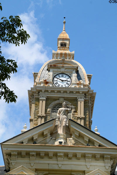 Clock tower & blind justice atop Guernsey County Courthouse (1881). Cambridge, OH.