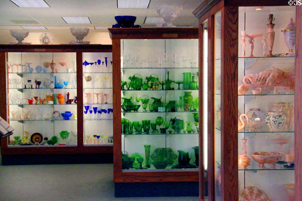 Colored glass display at National Museum of Cambridge Glass. Cambridge, OH.