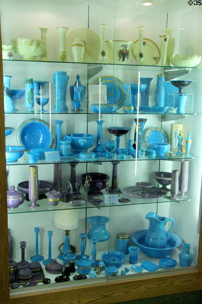 Collection of Ivory, Azurite, & Helio glass at National Museum of Cambridge Glass. Cambridge, OH.