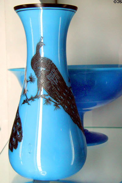Azurite glass vase with black peacock (c1922-mid 20s) at National Museum of Cambridge Glass. Cambridge, OH.