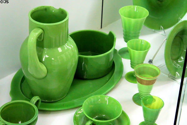 Avocado glass pitcher, tray & goblets (1927-28) at National Museum of Cambridge Glass. Cambridge, OH.