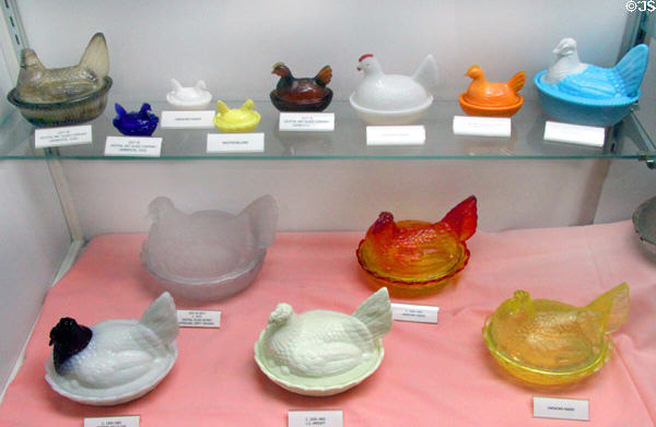 Nesting chicken dishes by several makers at Degenhart Paperweight & Glass Museum. Cambridge, OH.