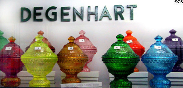 Degenhart glass wildflower candy dishes at Degenhart Paperweight & Glass Museum. Cambridge, OH.