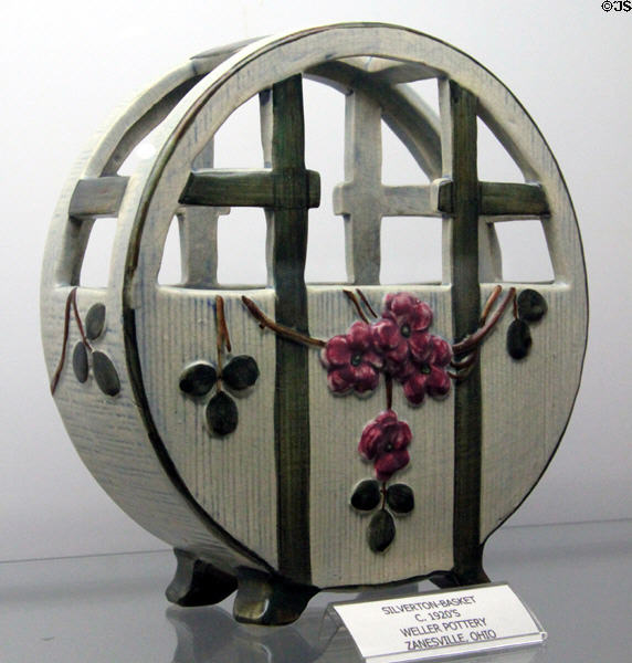 Silverton Basket (c1920s) by Weller Pottery of Zanesville, OH at Degenhart Paperweight & Glass Museum. Cambridge, OH.