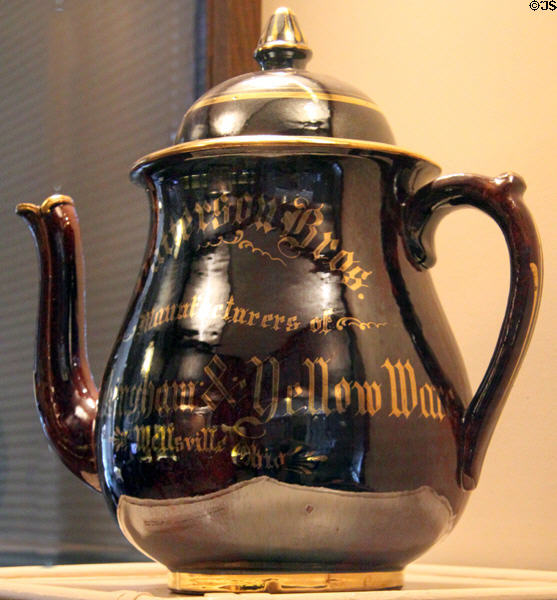 Advertising teapot - Patterson & Bros. Manuf. of Rockingham & Yellow Ware, Wellsville, Ohio - at Museum of Ceramics. East Liverpool, OH.