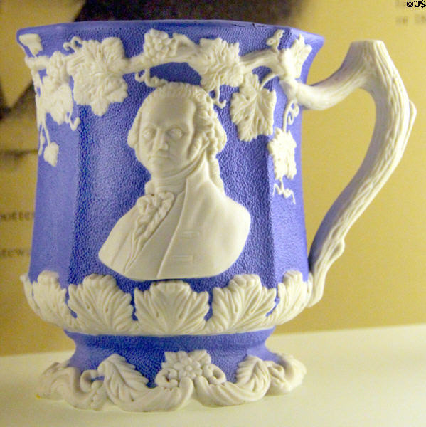 George Washington cup (c1861) in Parian Whiteware with blue by William Bloor at Museum of Ceramics. East Liverpool, OH.