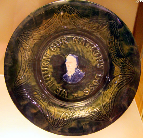 James A. Garfield mourning plate in Yellow ware (c1881) attrib. McDevitt & Moore at Museum of Ceramics. East Liverpool, OH.