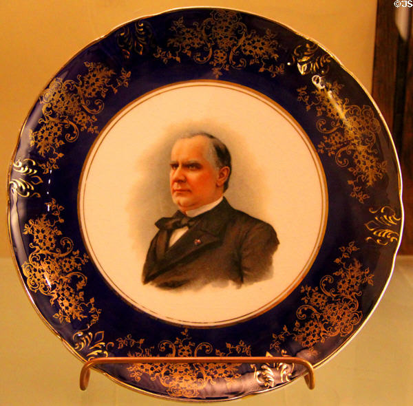 William McKinley plate with blue & gold border (1896) by Knowles, Taylor & Knowles, Co. at Museum of Ceramics. East Liverpool, OH.