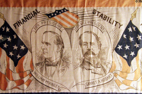 Details of William McKinley & Garret A. Hobart campaign flag (1896) at Museum of Ceramics. East Liverpool, OH.