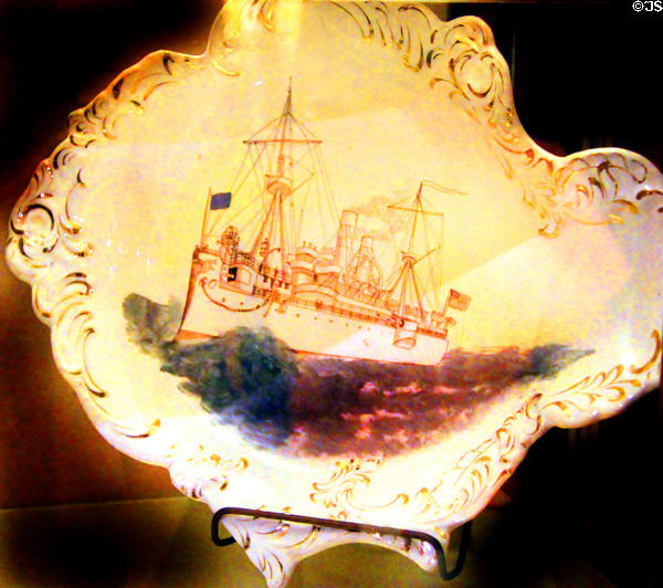 Battleship Maine Spanish American War souvenir plate (1898) by Burford's Porcelain at Museum of Ceramics. East Liverpool, OH.