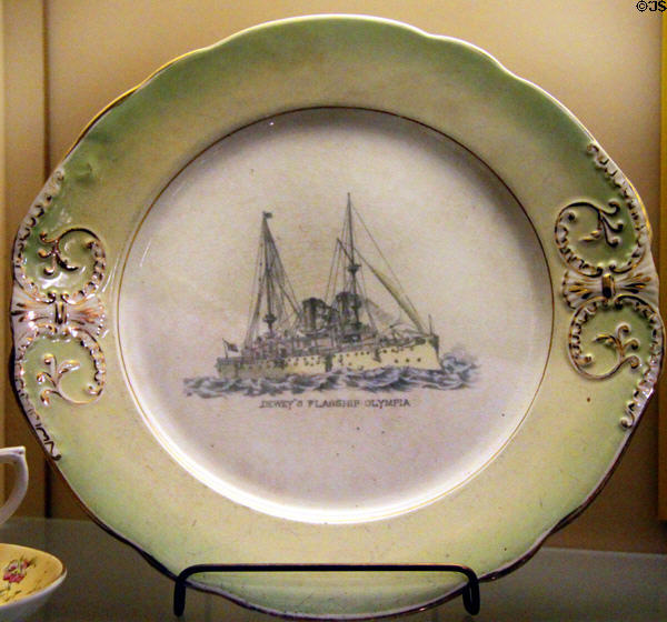 Admiral George Dewey's Flagship Olympia Spanish American War souvenir plate (1900) by Globe Pottery Co. at Museum of Ceramics. East Liverpool, OH.