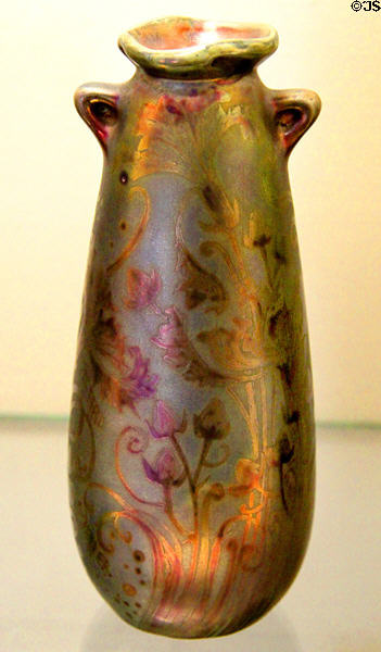 Sicardo vase with iridescent colors (1902-7) by Sicard Weller of S.A. Weller Pottery Co. at Mathews House Museum. Zanesville, OH.