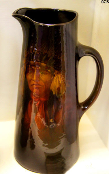 Louwelsa tankard with Indian face (1895-1918) by Levi Burgess of S.A. Weller Pottery Co. at Mathews House Museum. Zanesville, OH.