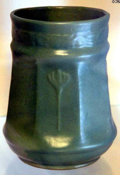 Zanesville Stoneware Pottery vase in blue at Mathews House Museum. Zanesville, OH.
