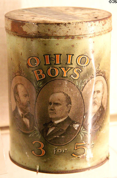 Can with Ohio Boys label showing faces of three U.S. Presidents at museum of Ohio State Capitol. Columbus, OH.