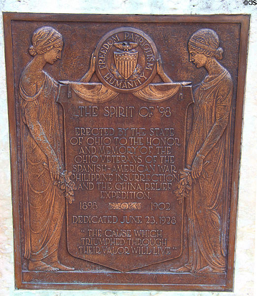 Base plaque for Spirit of '98 Spanish American War memorial (1928) by E.L. Jirouch at Ohio State Capitol. Columbus, OH.
