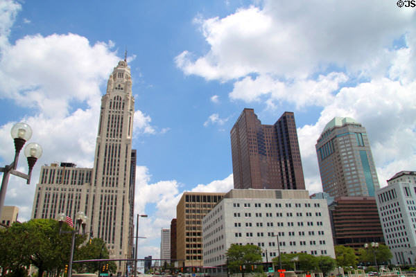 LeVeque Tower, Huntington Center, & Vern Riffe State Office Tower on Columbus skyline. Columbus, OH.