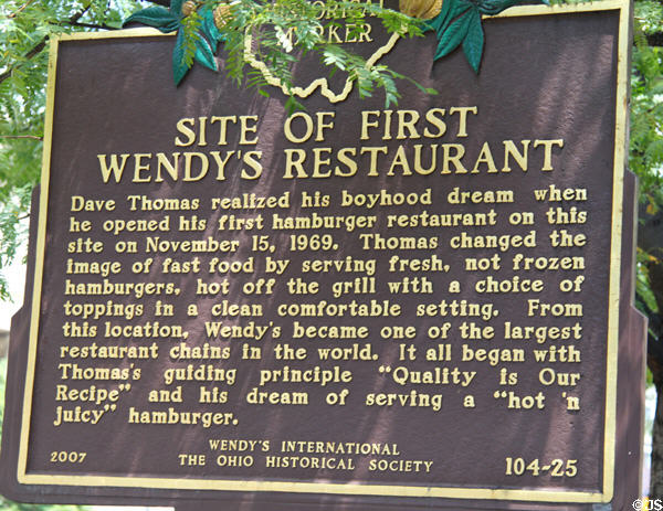 Sign marking site of first Wendy's Restaurant on Broad St. Columbus, OH.