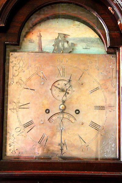 Face of tall clock with ship scene at Kelton House Museum. Columbus, OH.