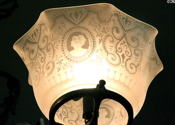 Etched glass shade of gasolier at Kelton House Museum. Columbus, OH.