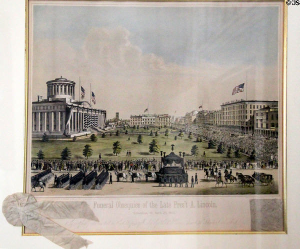 Graphic of Lincoln's Funeral procession (April 29, 1865) in Columbus, OH framed with mourning ribbon at Kelton House Museum. Columbus, OH.