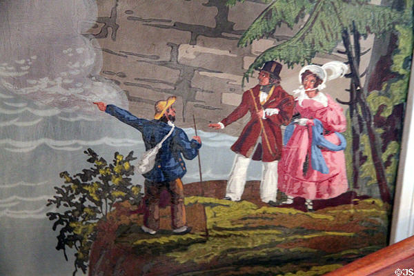 Detail of tourists on waterfall wallpaper (c early 1800s) at Kelton House Museum. Columbus, OH.