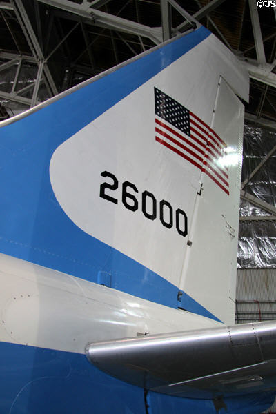 Tail of Boeing VC-137C SAM 26000 (1962) presidential Air Force One at National Museum of USAF. Dayton, OH.