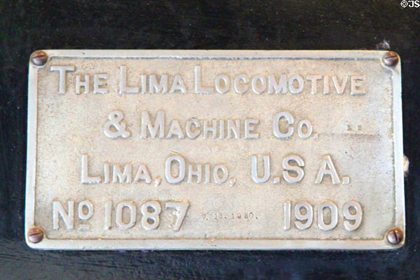 Lima Locomotive & Machine Co. of Lima, OH maker's plate on Rubicon at Carillon Historical Park. Dayton, OH.